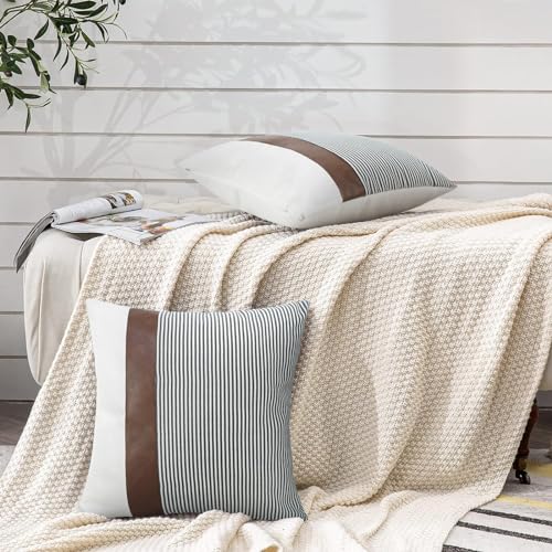 cygnus Modern Farmhouse Decorative Throw Pillow Covers 22X22 Set of 2 Black Striped Linen and Faux Leather Pillow Covers for Couch Sofa Bedroom Livingroom Neutral Accent Cozy Cushion Covers — view 4
