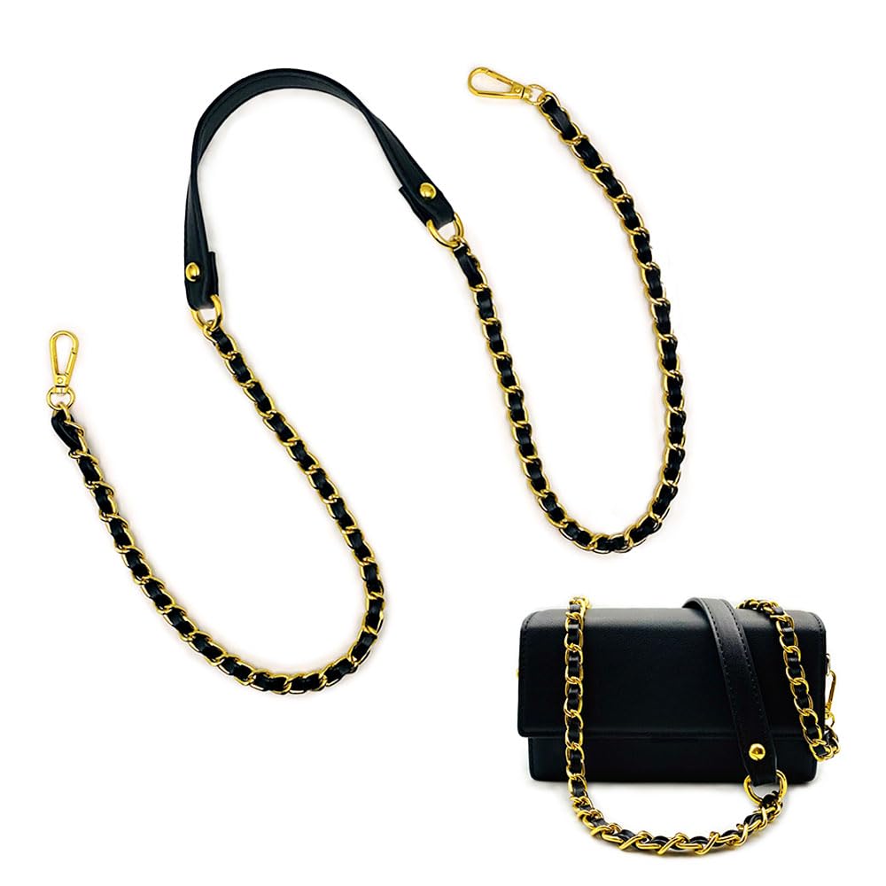 Zzcy Black Leather Chain Strap 120Cm Handbag Straps Gold Chain,Handbags Metal Chains With Buckles,Handbag Chain Accessories 3.94Ft