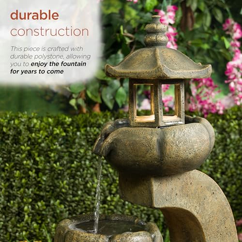 Image of Alpine Corporation 32 inch Tall 2-Layer Pagoda Polystone Fountain with LED Lights, Cascading Waterfall, Outdoor Garden and Patio Water Feature, Zen Decor, Relaxing Sound, Brown
