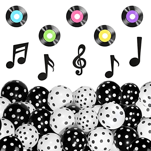 52 Pieces 1950's Rock and Roll Music Party Decoration Black and White Polka Dotted Balloons Music Silhouettes Cutouts Record Wall Decor 12 Inch Latex Balloon for 50's Music Theme Party Supplies Favors