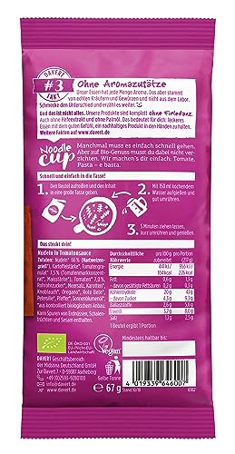 Davert Noodle-Cup Tomatensauce 67g – Nur natürliche Zutaten, ohne Geschmacksverstärker, ohne Palmöl – 100% Davert Bio-Qualität (1 x 67g)
