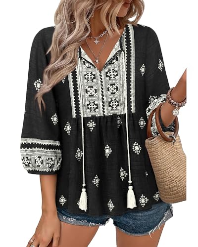 Image of Vivilli Womens Summer Boho Babydoll Tops 3 /4 Sleeve Pleated Peplum Blouses Casual V Neck Tie Front 2026 Tunic Tops