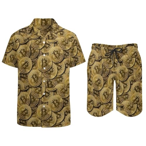 Coin Bitcoin Pattern Men's Tropical Short Sleeve Two Piece Suit, Suitable for Vacation, Beach And Casual Wear2