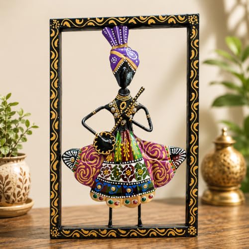 Image of iHandikart Metal Wall Art for Home Decor | Rajasthani Folk Musician Wall Sculpture with Stone Work | Hand-Painted Iron Wall Hanging for Living Room, Bedroom, Hallway, Office | 11.5 x 8 Inch