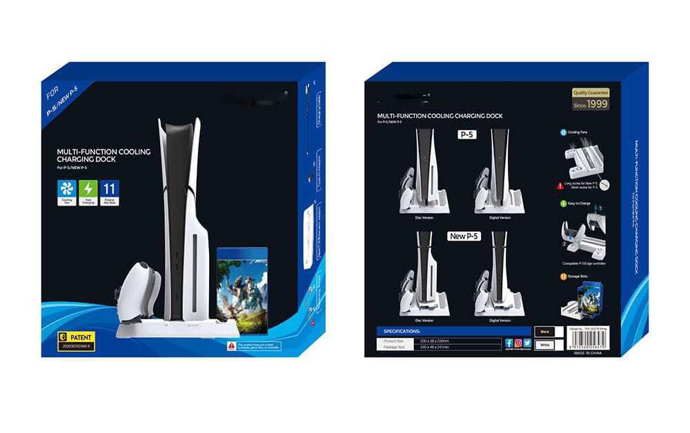 New World Vertical Stand for PS5 /PS5 Slim with Cooling Fan Cooling Stand Controller Charging Station for PS5/ PS5 Slim Digital Edition/Ultra HD Console with Game Disc Rack Storage