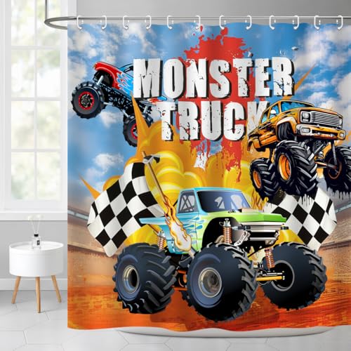 Image of Monster Truck Shower Curtain Cool Cartoon Racing Car Boy Home Bathroom Decor Waterproof Fabric 72Lx72W Inch with Plastic 12PCS Hooks