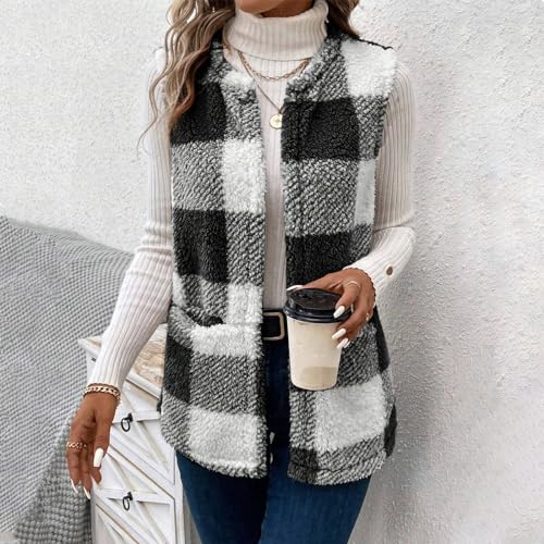 Fotemix Womens Sherpa Vest Casual Warm Plaid Print Open Front Vest Coat Sleeveless Fleece Jacket Pockets,Teddy Coat(3 Colors) (Us thumb #4