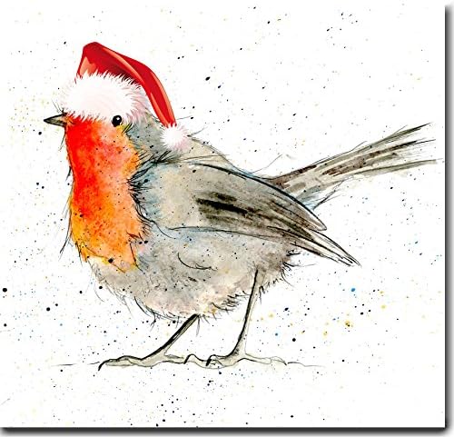 Luxury Christmas Card - Christmas Robin with Santa Hat - Blank Inside - Watercolour by Sarah Boddy - Single Card - White