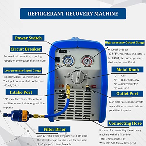 3/4 HP Single Cylinder Refrigerant Recovery Machine, 110V 60 Hz Portable Oil-less Freon Recycling Unit for Both Liquid and Vapor Refrigerant, for Automotive A/C System, Household HVAC System