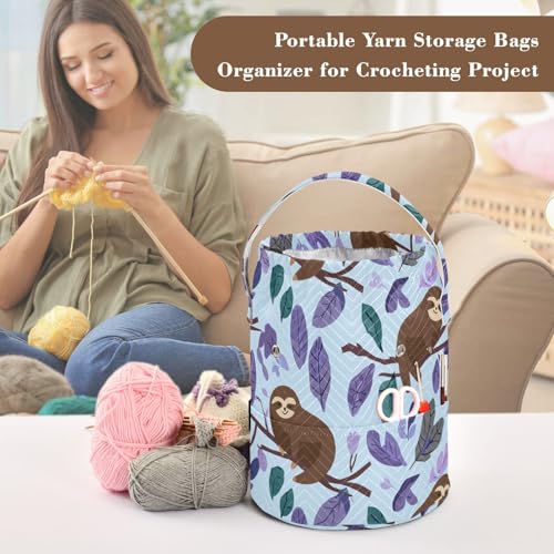 Image of Tatenale Crochet Bag Yarn Bag Knitting Project Bag with Pockets and Handle Portable Yarn Storage Organizer Tangle Free 8.3x11 InchCartoon Sloths Branch Purple35
