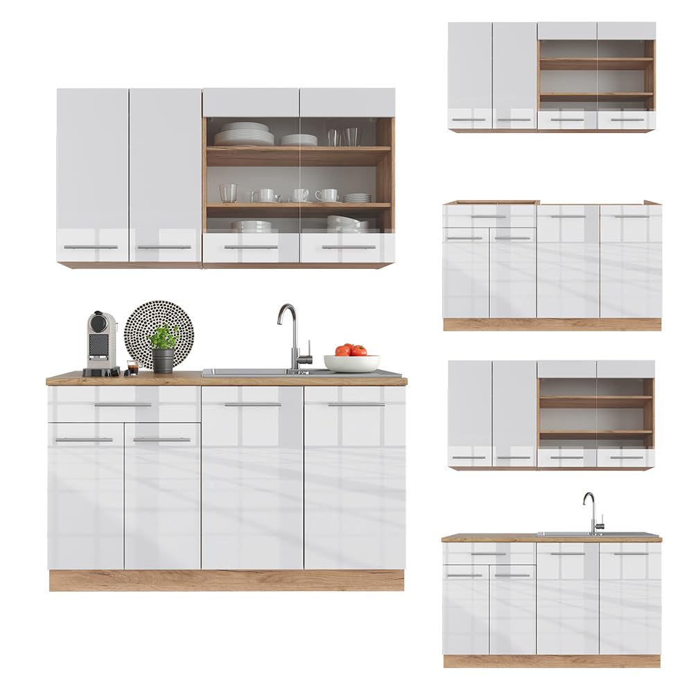 Vicco Singleküche Fame-Line, Weiß Hochglanz/Goldkraft Eiche, 140 cm | ohne Arbeitsplatte, zur freien Kombination mit ergänzenden Küchenmodulen