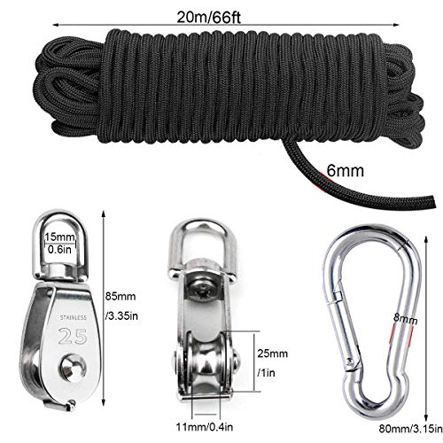 Image of TooTaci 2pcs M25 Crane Pulley Block, Heavy Duty Pulley System for Lifting, 304 Stainless Steel Swivel Hook Single Pulley Wheel with 20M(6mm) Nylon Rope & 2pcs Spring Snap Hook | Heavy Duty Swivel Hook Single Pulley Wheel with 20M(6mm) Nylon Rope & 2pcs Spring Snap Hook