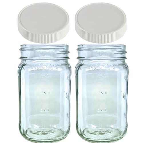 JARMING COLLECTIONS Mason Jars 16 Oz Glass with Plastic Mason Jar Lids (BPA Free) Pint Mason Jars Regular Mouth – Set of Two Made in USA