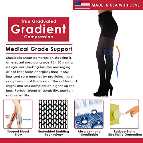 Image of Medicella Premier Closed Toe Compression Pantyhose for Women 15-20 mmHg Made in USA Medical Quality Sheer Moderate Pressure Support Circulation & Travel (Medium, Black)