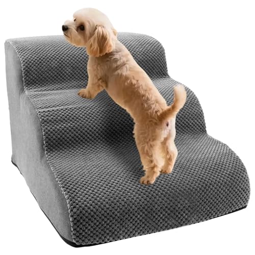 Hunde Treppe Bett 3 Stufen Haustiertreppe 35cm Hoch für Kleine Hunde Hundetreppe mit Waschbarem Bezug und Rutschfestem Boden für Bett Sofa und Auto Bezug Grau aus Hochdichtem Schwamm (grau, M, 3)