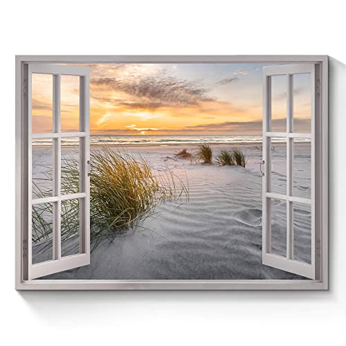SunFlax Modern Fake Window Sunset Beach Canvas Wall Art 16"x11"