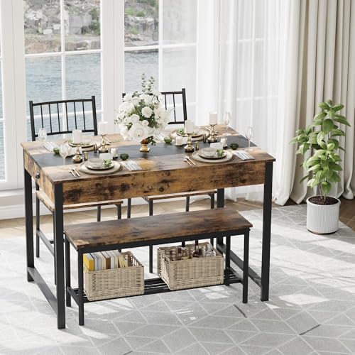 GarveeHome Dining Table Set for 4, Small Kitchen Table and 2 Chairs for 4 with Bench, Space Saving Kitchen Table Set with Storage Rack & Drawers, Breakfast Nook Rectangular Farmhouse Table Set,Retror