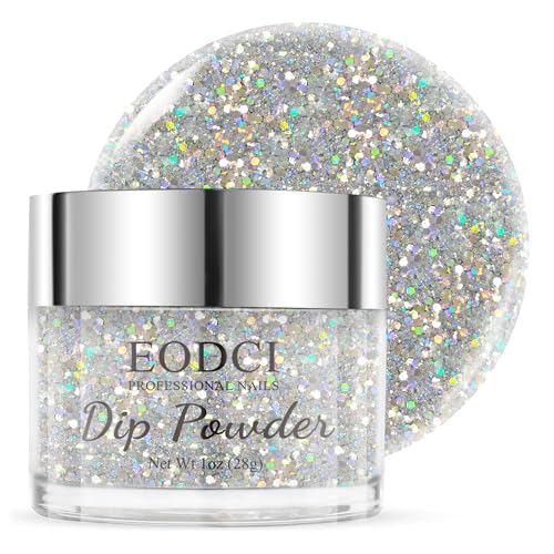 EODCI 1 Oz/28g Sequin Silver Dip Powder Glitter Dipping Powder French Pro Collection System Nail Art Starter Manicure Salon DIY at Home Odor-Free&Long-Lasting No Needed Nail Lamp Curing