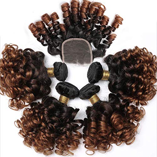 Spark 10A Ombre Bundles with Closure Brazilian 1b/4/30 3 Tone Ombre Human Hair Bouncy Curly 3 Bundles with 4x4 Lace Closure Short Curly Human Hair Weave Bundle (8 8 8 + 8, 1B/4/30)