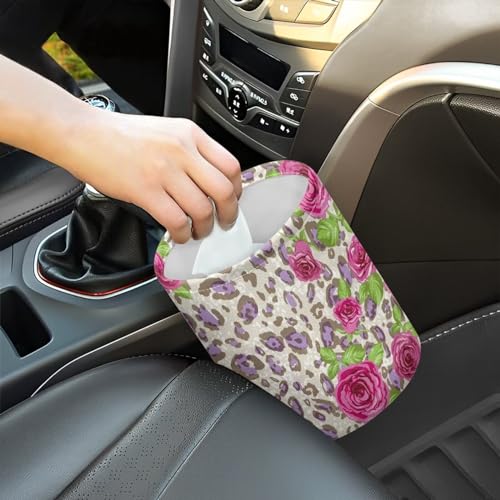 Image of Leopard Purple Rose Mini Trash Bin Waterproof Multipurpose Car Organizer for Women Interior