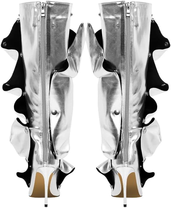 Women's Silver Knee High Boots - Sexy Stiletto Heel Pointed Toe Booties - Trendy, Edgy - All Seasons - Casual - Women's Fashion Boots - Image 5