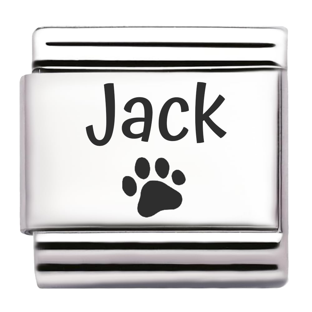 Pet Paw Name Personalised Custom Engraved Italian Charm Fits All 9mm Bracelet Links. Dog or Cat (Jack)