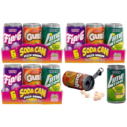 Image of 18 Kidsmania Mini Soda Can Fizzy Candy, 1.48 oz, Goody Bag Filler - Party Favor - 4 Assorted Flavors! (3 Packs of 6 Cans)