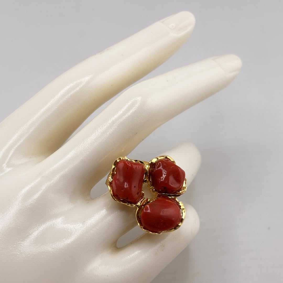 Anello da donna e ragazza miusra regolabile in argento 925 dorato con tripla spola barocca corallo rosso naturale del Mediterrano gioiello unico artigianale