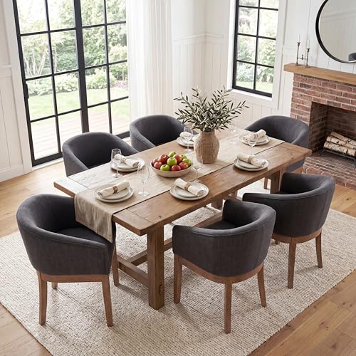 Image of HNY Barrel Dining Chairs Set of 6, Mid Century Modern Upholstered Dining Chairs with Arms, Linen Kitchen & Dining Room Chairs, Solid Wood Frame Accent Chairs for Kitchen, Apartment, Charcoal Black