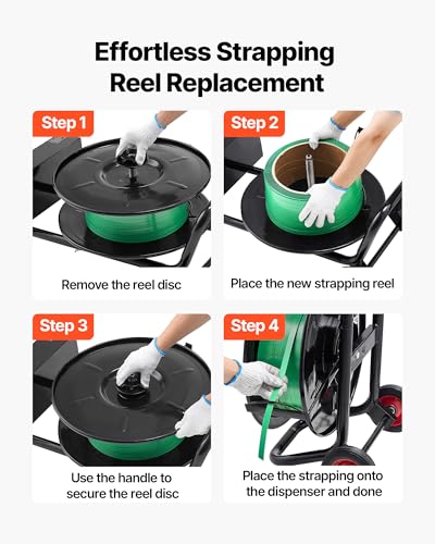 Image of VEVOR Banding Strapping Cart, Fit for PET /PP /Polyester Strapping Coils with 8 inches Core Size, Heavy Duty Strapping Dispenser Equipped with Upgrade Brake System, Built-in Spacious Tray for Tools