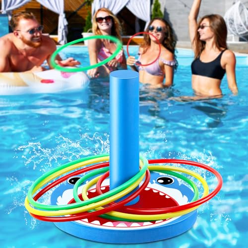 Hiboom Pool Ring Toss Games Toys Swimming Pool Games for Adults and Family with 6 Pcs Throwing Rings Water Foam Toss Float Toys for Summer Outdoor Beach Yard Party(Shark)