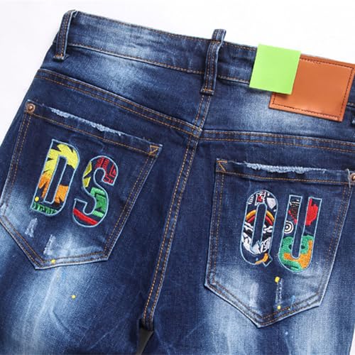 Fashion Men's Ripped Straight Denim Shorts, Casual Stretch Embroidery Slim Pants,30