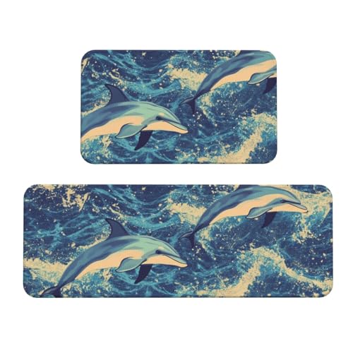 Juego de 2 tapetes de cocina acolchados con diseño de dos delfines en el mar 2