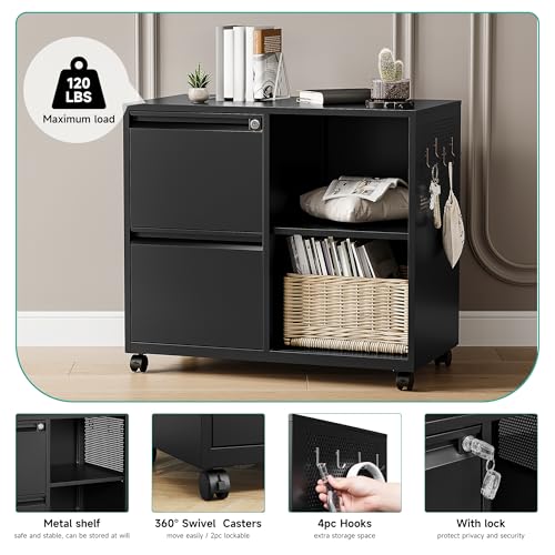 Image of SISESOL 2 Drawer File Cabinet with Lock and Shelf,Mobile Lateral Filing Cabinet,Metal Filing Cabinets with Open Storage Shelves Organizer for Home Office Fit Legal /Letter A4 Size (Black)