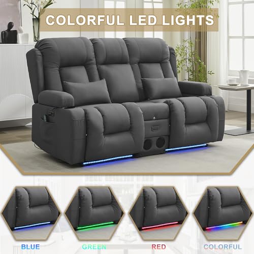 Image of URRED Power Loveseat Recliner Sofa with Massage and Heat, Wall Hugger Reclining Loveseat with Console, RV Couch Home Theater Seating with LED Lights for Living Room (Grey, 67 inch - 2 Seats)