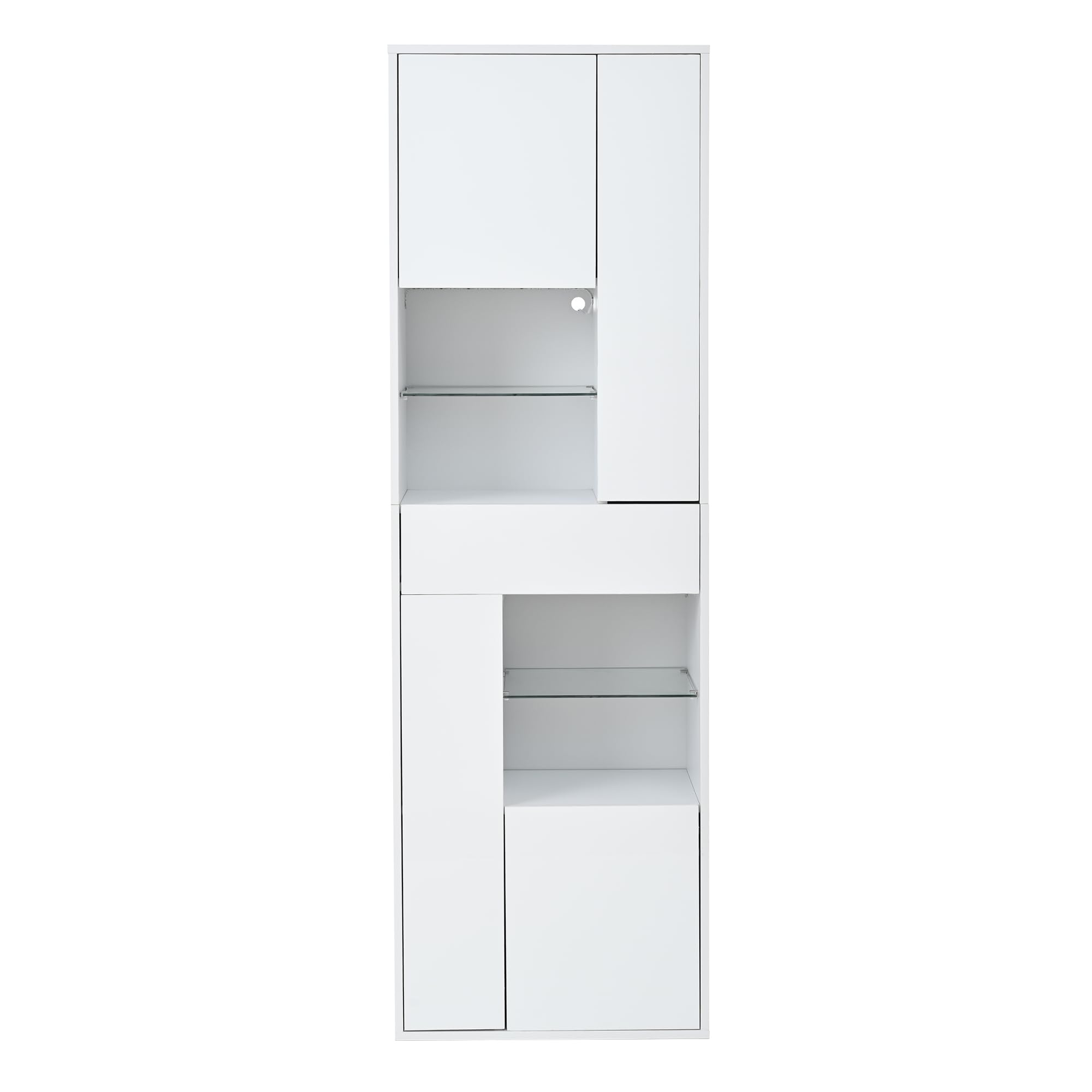 Armadio Alto Vetrina in Vetro, 55 x 38 x 170 cm, 1 Cassetto e 4 Armadi, Vetrine con Illuminazione LED, Design Lucido, per Soggiorno, Bianco