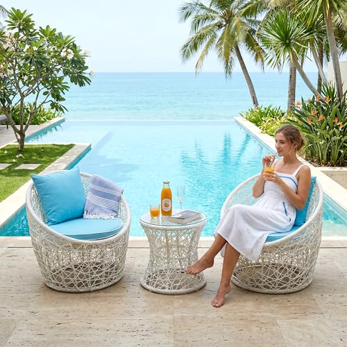 Image of OUTLIVING Outdoor Two Seater Rattan & Wicker Conversation Mudda Set | UV & Water Resistant Patio & Garden Furniture Set with 4 Cushion, 2 Chairs & Center Table with Glass Top| White & Blue
