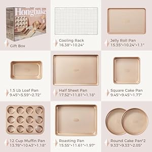 HONGBAKE 9-Piece Baking Pans Set Nonstick, Stackable Non Toxic Bakeware Sets with Diamond Texture, Oven Pan Set for Cooking, Includes Cookie Sheet with Rack, Cake Pan, Roasting Pan, Muffin Pan, Gold HONGBAKE 9 Piece Baking Pans Set Nonstick Stackable Non Toxic Bakeware Sets with Diamond Texture Oven Pan Set for Cooking Includes Cookie Sheet with Rack Cake Pan Roasting Pan Muffin Pan Gold