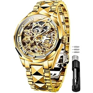 OUPINKE Men’s Skeleton Mechanical Watches Luxury Dress Automatic Self Winding Sapphire Crystal Waterproof Tungsten Steel Band Wrist Watches