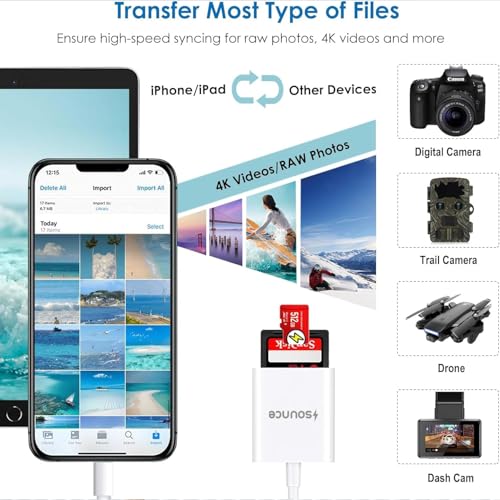 Image of Sounce 2-in-1 SD Card Reader for iPhone & Type-C Devices, Lightning & USB C Memory Card Adapter with SD /TF Slot, High-Speed Photo Video Transfer, Compatible with iPhone, iPad, Android