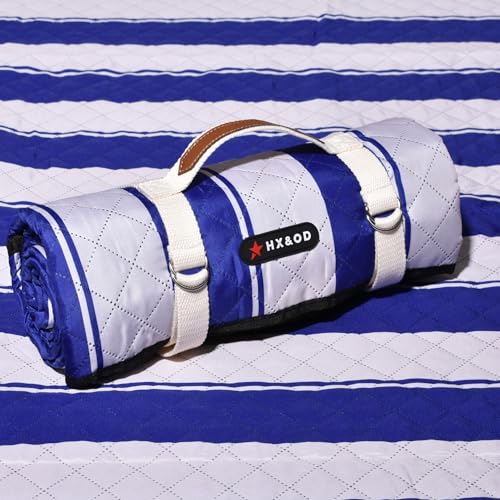 HX&OD Outdoor Picnic Blanket Extra Large, 80”x60” Waterproof Picnic Mat Foldable Camping Blanket Portable with Carry Strap for Beach Mat (Bright Blue&White, 80”x 80”)