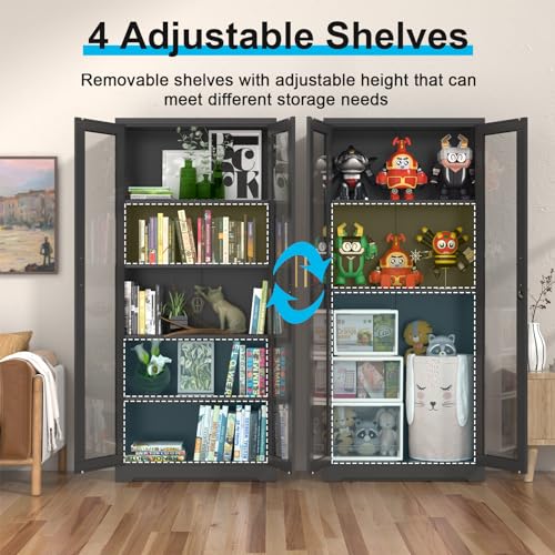 71" Glass Display Cabinet with Lock,Curio Cabinet with Glass Doors, Metal Display Case with 4 Adjustable Shelves, Black Bookcase Locking Storage Cabinets for Living Room, Kitchen，Commercial