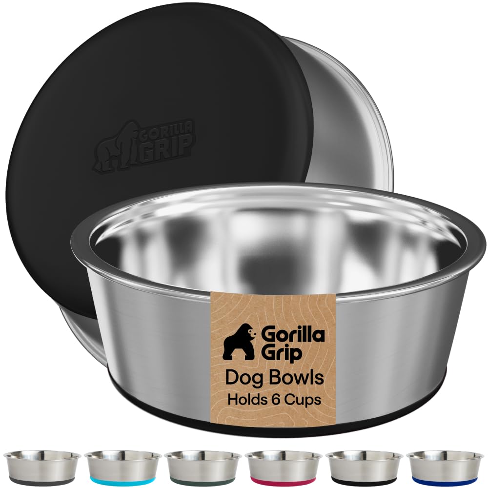 GORILLA GRIP Dog Bowls, Food Grade Stainless Steel, Set of 2, 6 Cup, Black