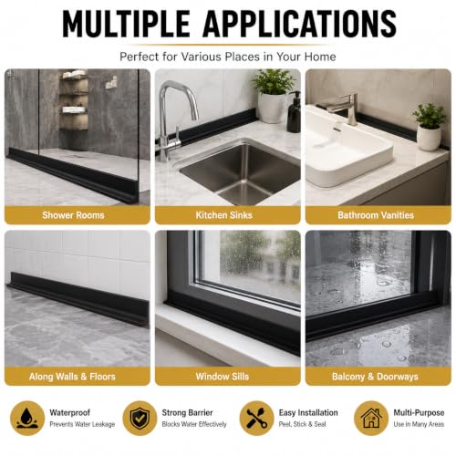 Image of Shower Water Barrier 2 Metre, Black Silicone Shower Threshold Water Dam 5cm, Bathroom Water Stopper Strip with Waterproof Adhesive, Wet & Dry Floor Separation, Easy Cut to Fit