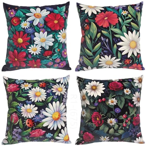 Funda Cojin 40x40, Cojines Vistoso Juego de 4 Fundas Cojin Margarita Exterior Cojines Decorativos Cuadrada, con Cremallera Funda de Almohada Sofa para Sala de Estar Jardín Coche Almohada Sofa H2-675