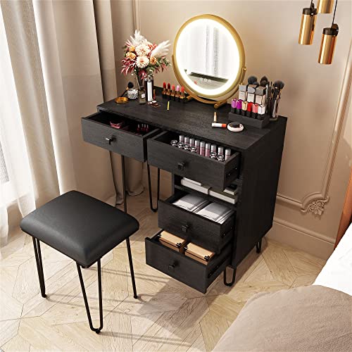 Avzear Dressing Table, Vanity Table With Lighted Mirror Makeup Dressing Table With Large Drawer And 4-Drawer Chest, 3-Color Touch Screen Dimmable Mirror With Cushioned Stool (Black) #TOP2