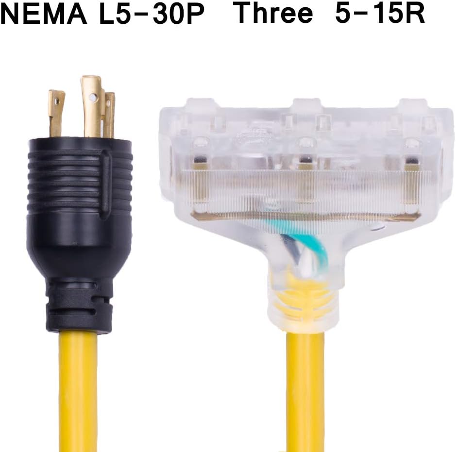 1.5FT Heavy Duty Generator Extension Cord,Generator Locking Cord,NEMA L5-30P/Three 5-15R, 3 Prong 10 Gauge Flexible Generator Cable, Generator Power Cord,30Amp 3750 Watts Yodotek