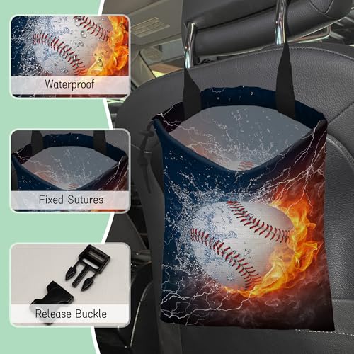 Image of Baseball Ball Car Garbage Bag,Fire Ball Waterproof Small Car Trash Bag Hanging Back of Seat,Drawstring Hanging Car Trash Bag with Adjustable Buckle for Car Accessories