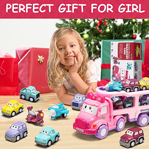 Cartoon Vehicle Toy For Toddler Girl, 9-In-1 Pink Carrier Truck For Baby Girls, Friction Power Transport Car With Light And Sound, Toys For 3 Year Old Little Girl Kid Child Infant Gift Birthday #TOP4