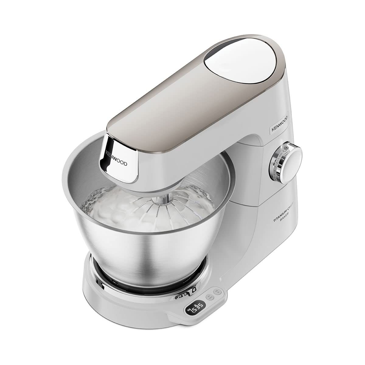 Kenwood Titanium Chef Baker KVC65.001WH, Robot Patissier Avec Balance Intégrée, Incl. Ensemble Pâtisserie 3 Pièces, Spatule & Protection Éclaboussures, 1200W, Blanc